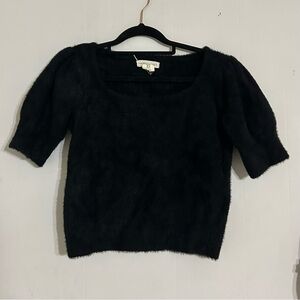 Fuzzy Black Short Sleeve Textured Sweater Top